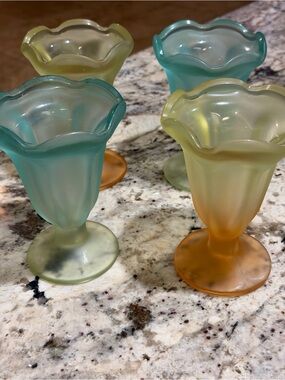 MCM Tulip Libbey Frosted Ka-Drink Glasses Set of 4  Hombre Teal and Yellow 6”